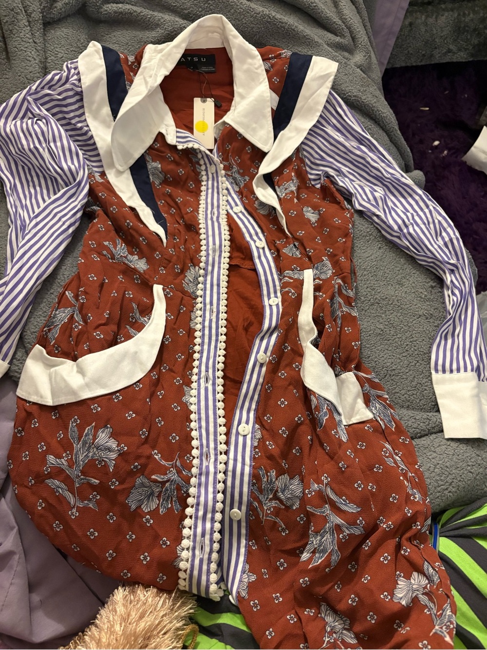 Womens Rust Floral Button-Up Top with Purple Stripe Sleeves